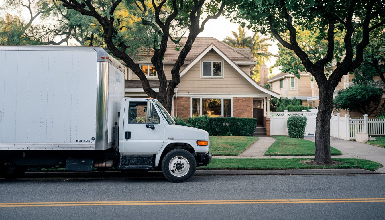 A photo of a moving truck parked on the street outside a house in Orange County. The truck is white and has no logos. The side of the truck is visible. There are no other vehicles or people in the photo. The house in the background has a beige exterior and a green lawn. There are trees and a white fence in the background. The street is paved with asphalt.