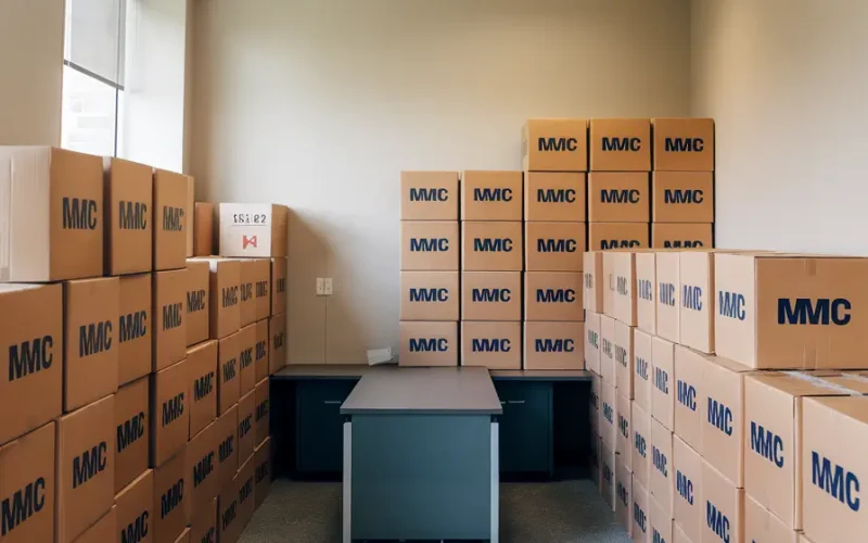 A photo of an empty office space with neatly stacked boxes. Each box has the letters "MMC" written on the side. There is a desk in the middle of the room. The walls are painted beige, and there is a window on the left side of the room. The floor is covered with gray carpet.